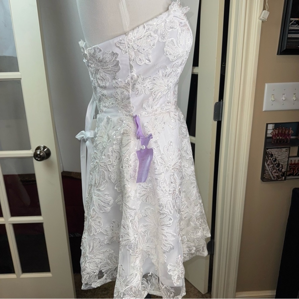 Miss Veil Wedding Lace Mini Dress Strapless Beach Wedding Prim Dance Organza Bow - Picture 7 of 16